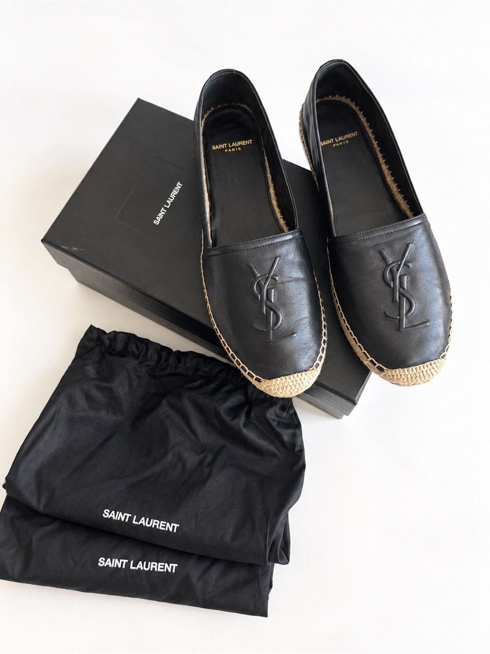 Saint Laurent YSL Black Leather Logo Espadrilles Flats Size 39.5